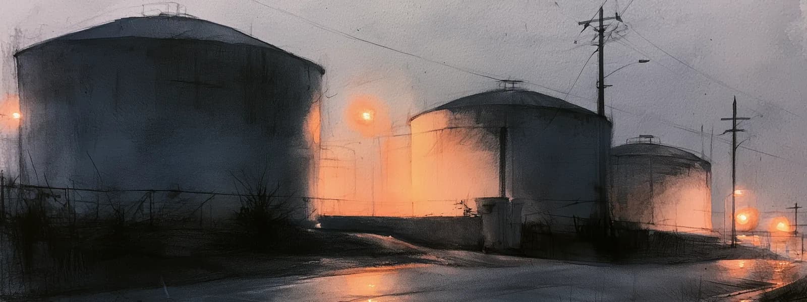 Crude oil storage tanks and pipelines at dusk